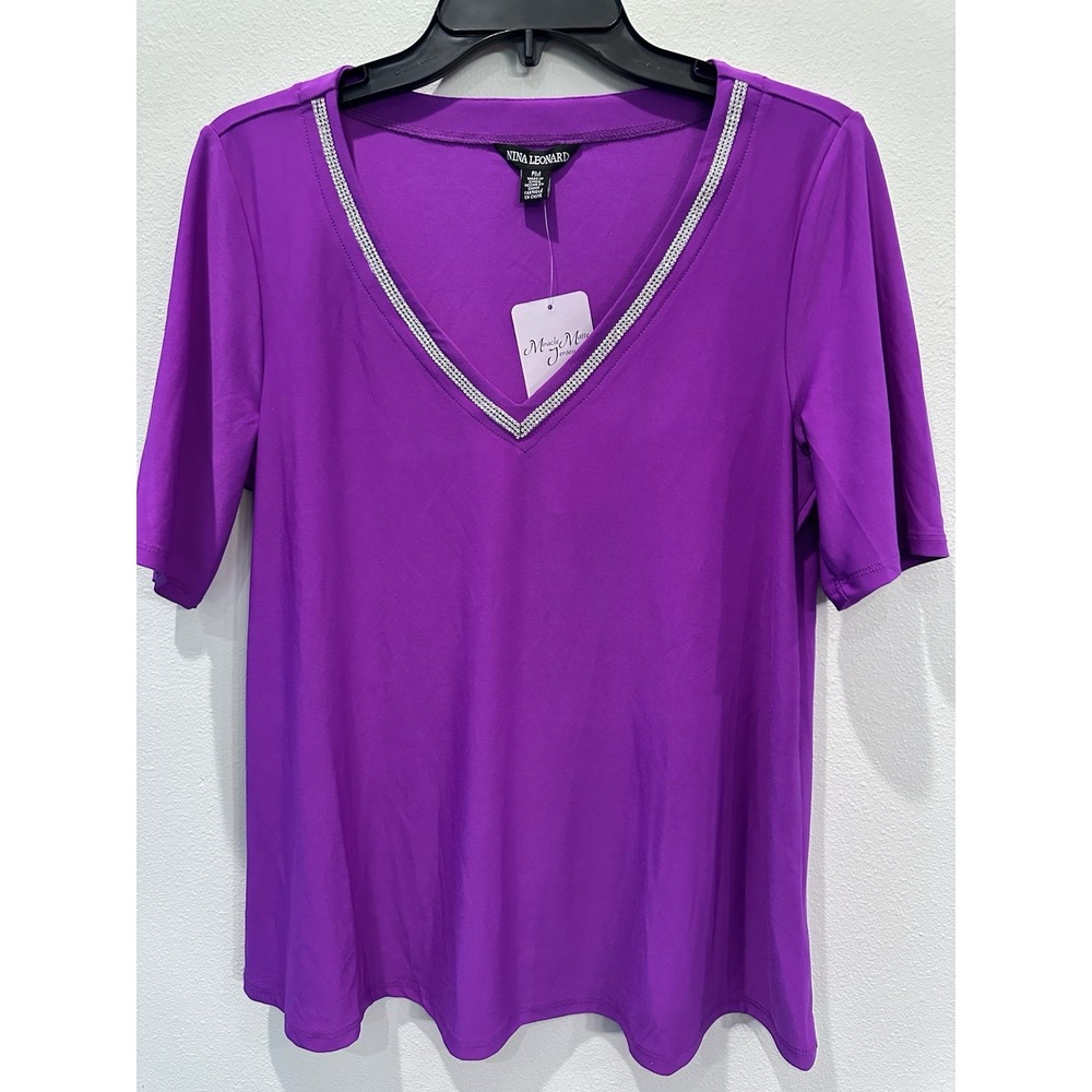 New NINA LEONARD Petite Med V-Neck Rhinestone Top Purple Miracle Matte Jersey